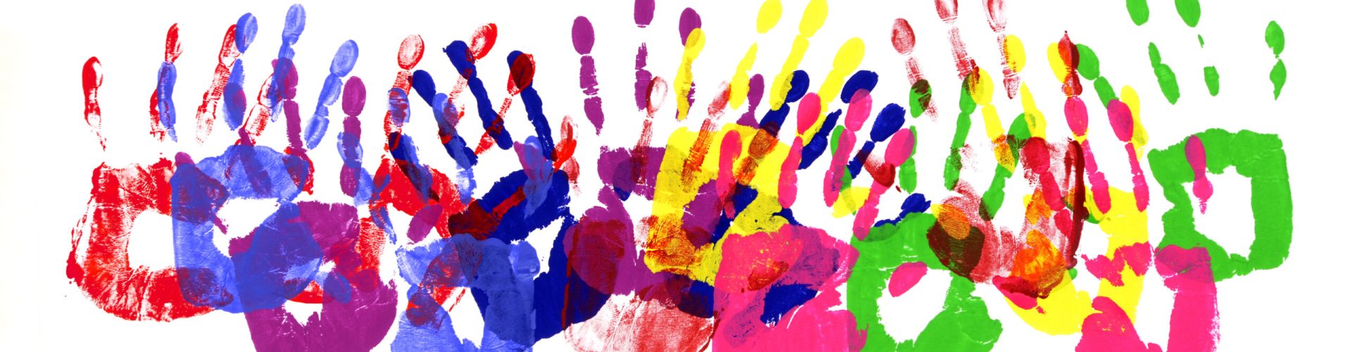 Horizontal border pattern of child handprints made from vivid acrylic paint isolated on a white paper background.